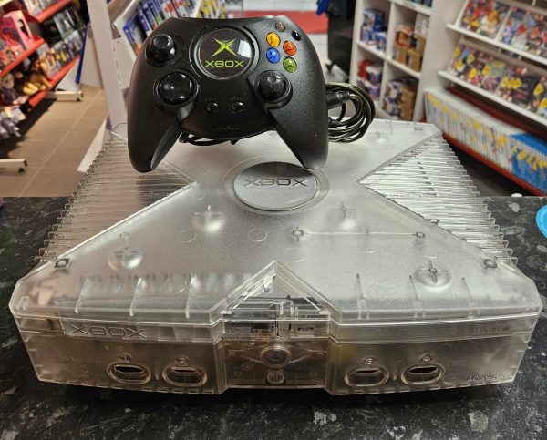 Xbox Crystal Clear-konsoli Duke-ohjaimella käytetty Loose